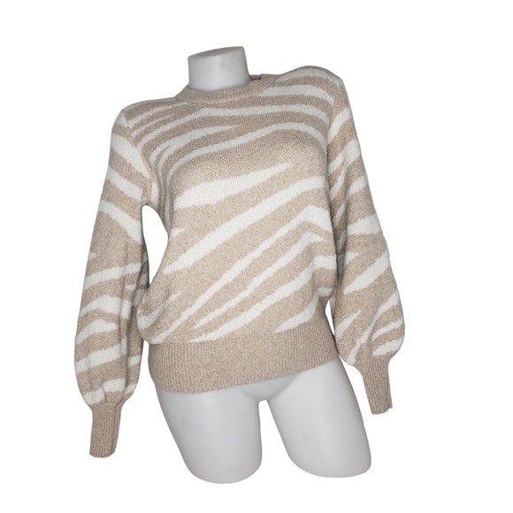 Marled Reunited Clothing Sweaters - MARLED REUNITED CLOTHING Ivory Tan Zebra Striped Crew Neck Sweater Size Small